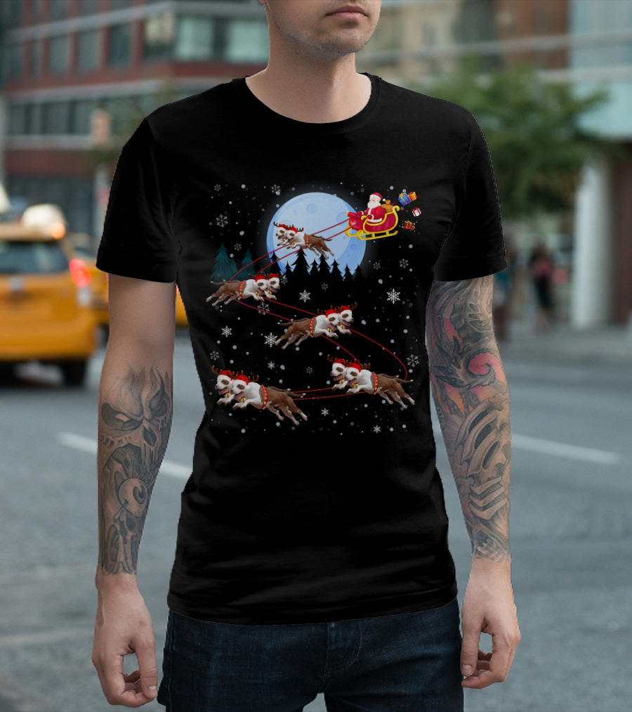 Pitbull Reindeer Santa Sleigh in Moonlit Snowy Night Scene T-Shirt