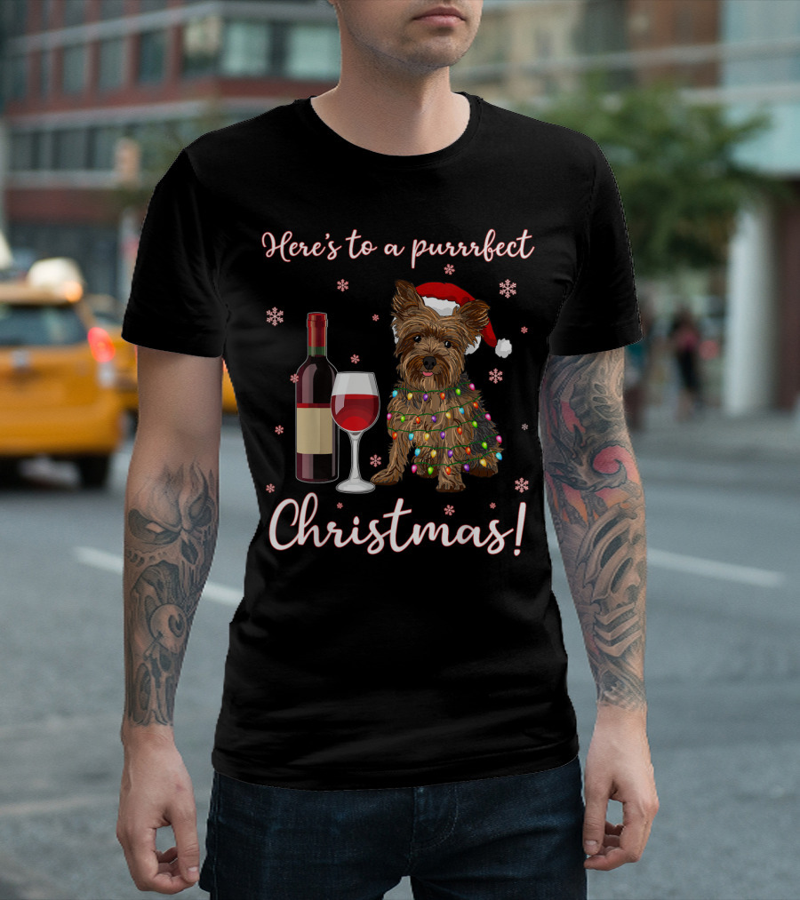Here's to a Purrrfect Christmas Funny Dog Wine Santa Hat T-Shirt