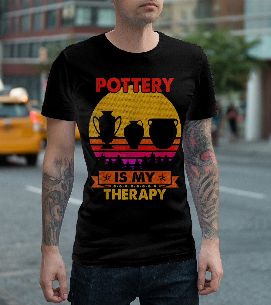 Pottery Is My Therapy Retro Sunset Pottering T-Shirt