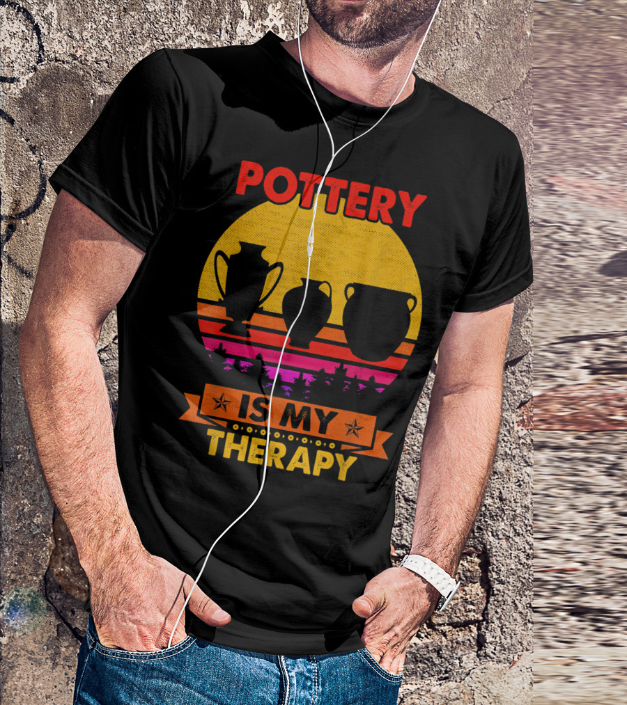 Pottery Is My Therapy Retro Sunset Pottering T-Shirt
