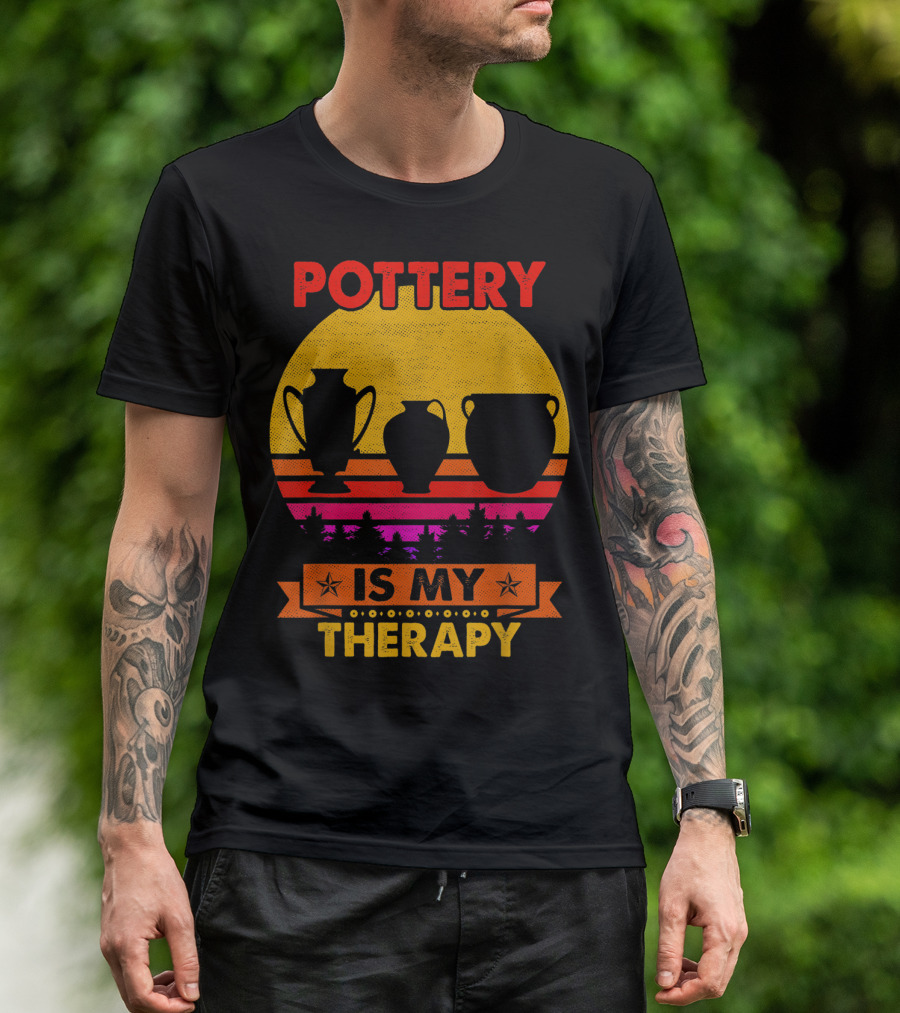 Pottery Is My Therapy Retro Sunset Pottering T-Shirt