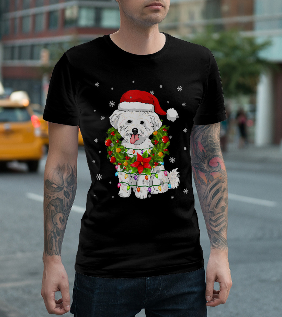 Santa Bichon Frise Dog Merry Christmas Lights Wreath Snowflakes T-Shirt