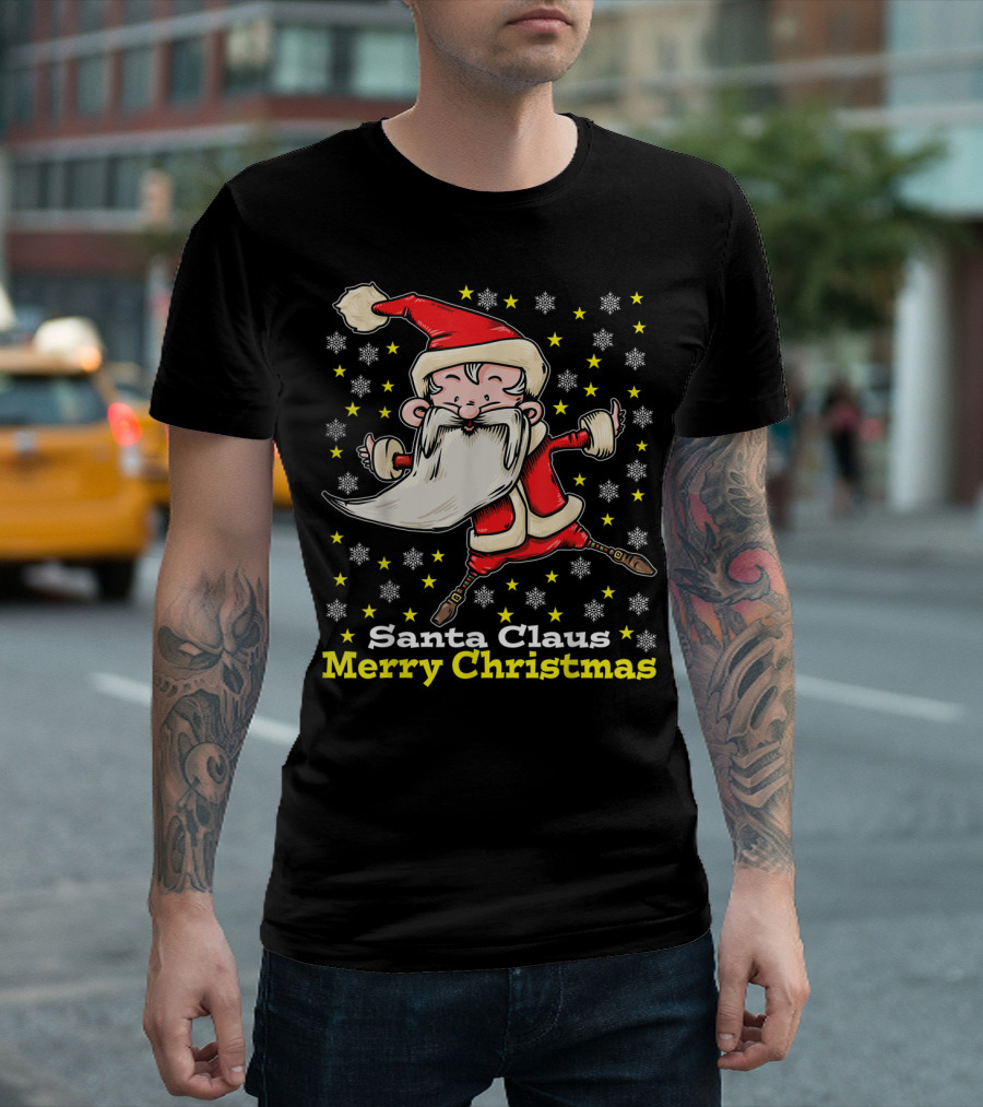 Santa Claus Merry Christmas with Snowflakes and Stars T-Shirt