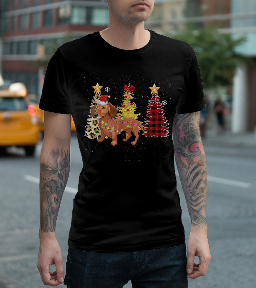 Santa Dachshund with Christmas Trees and Lights Holiday Scene T-Shirt