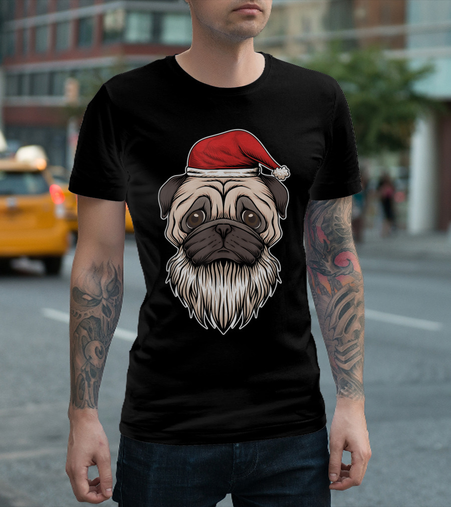 Santa Hat Pug Merry Pugmas Christmas Dog Beard T-Shirt