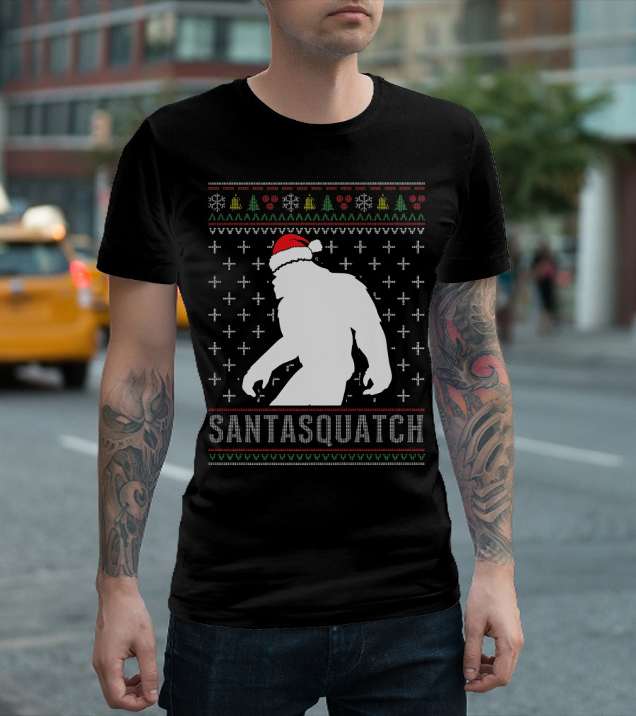 Santasquatch Ugly Christmas Holiday Sweater Silhouette With Santa Hat Family T-Shirt
