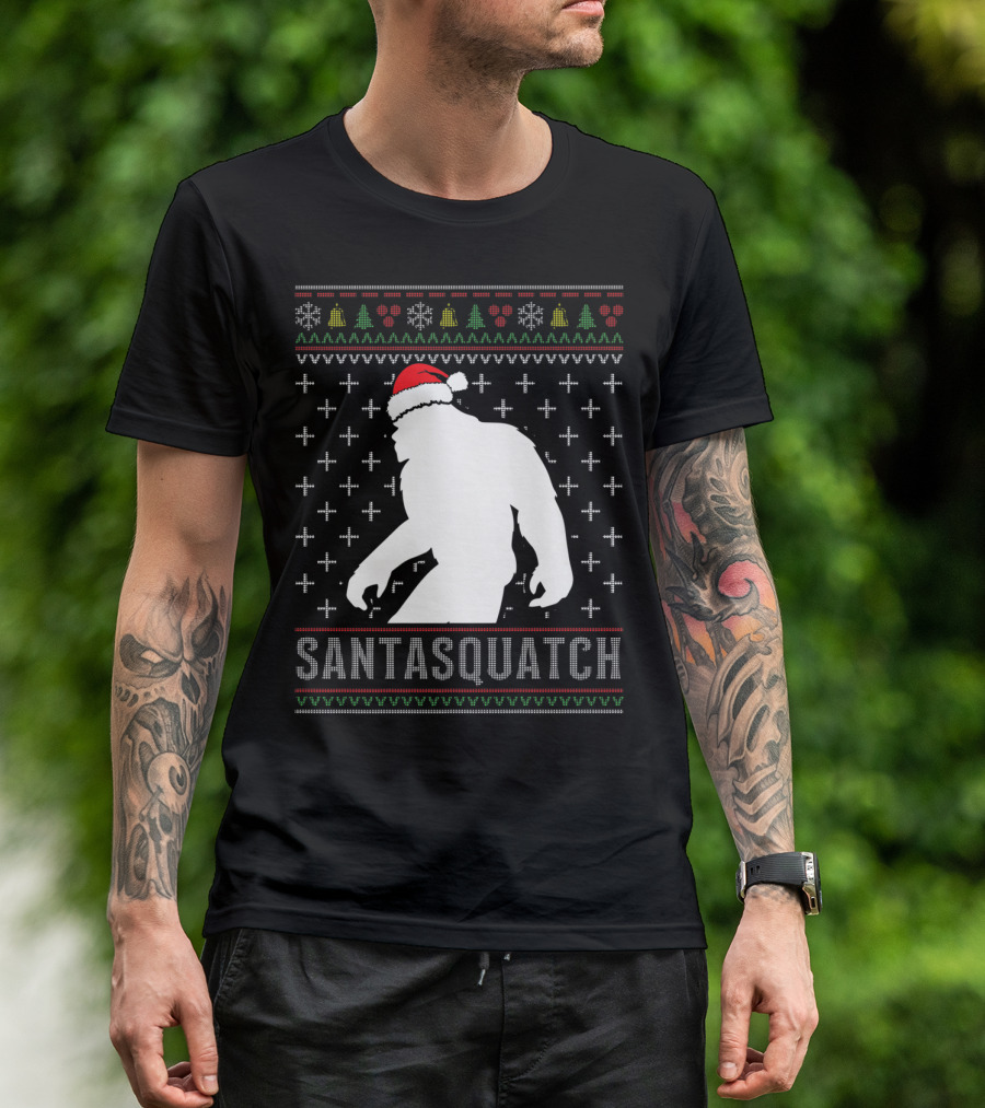 Santasquatch Ugly Christmas Holiday Sweater Silhouette With Santa Hat Family T-Shirt