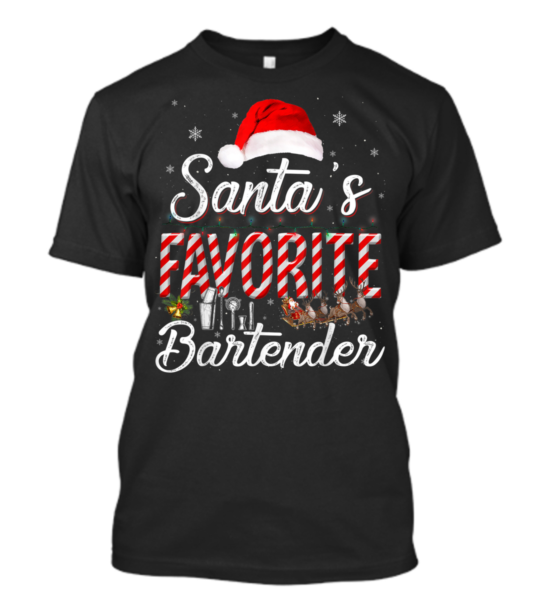 Santa's Favorite Bartender Christmas Hat Reindeer Drink Mix Holiday Cheer T-Shirt