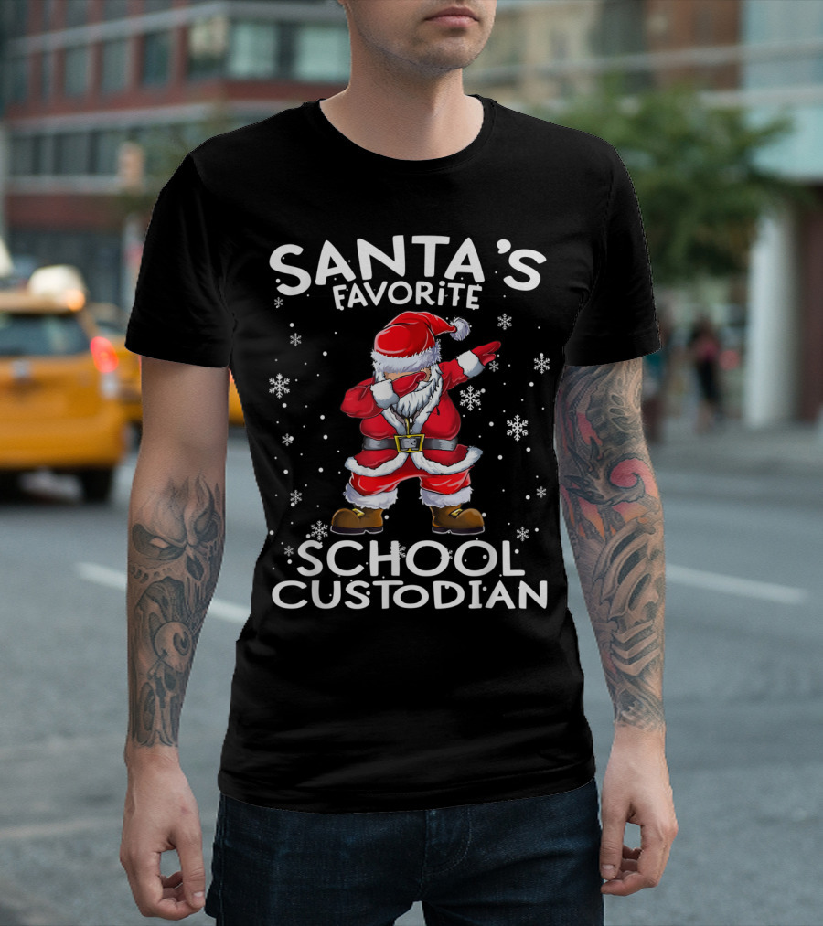 Santa's Favorite School Custodian Dab with Snowflakes T-Shirt