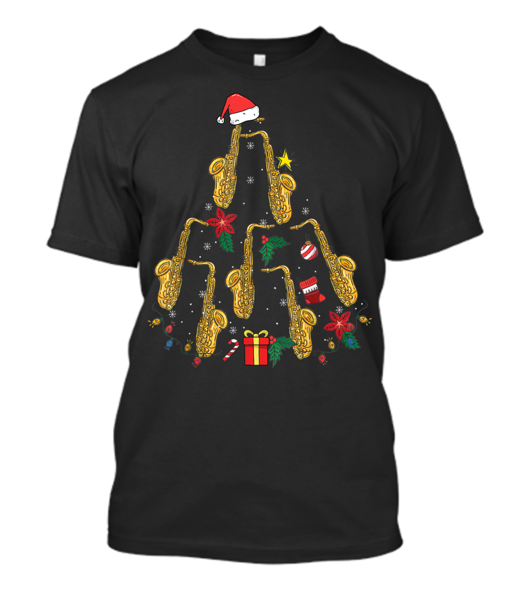 Christmas Tree Made Of Saxophones With Santa Hat And Holiday Decorations T-Shirt