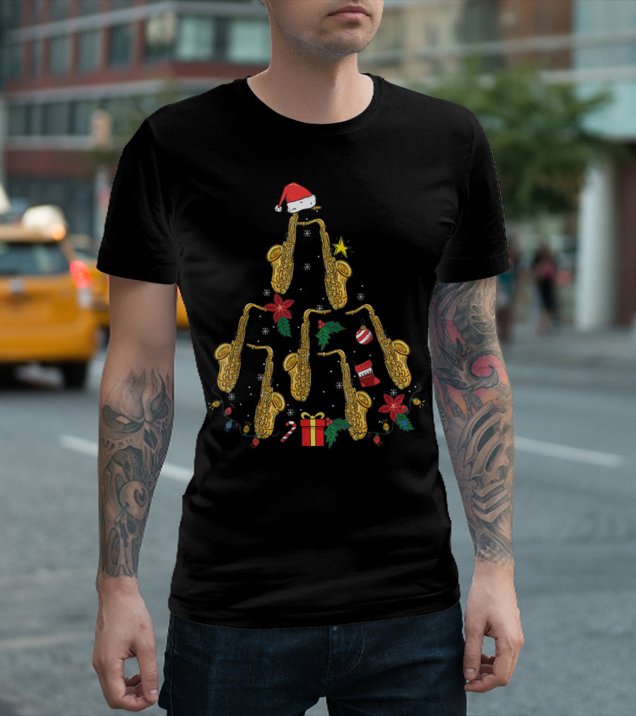 Christmas Tree Made Of Saxophones With Santa Hat And Holiday Decorations T-Shirt