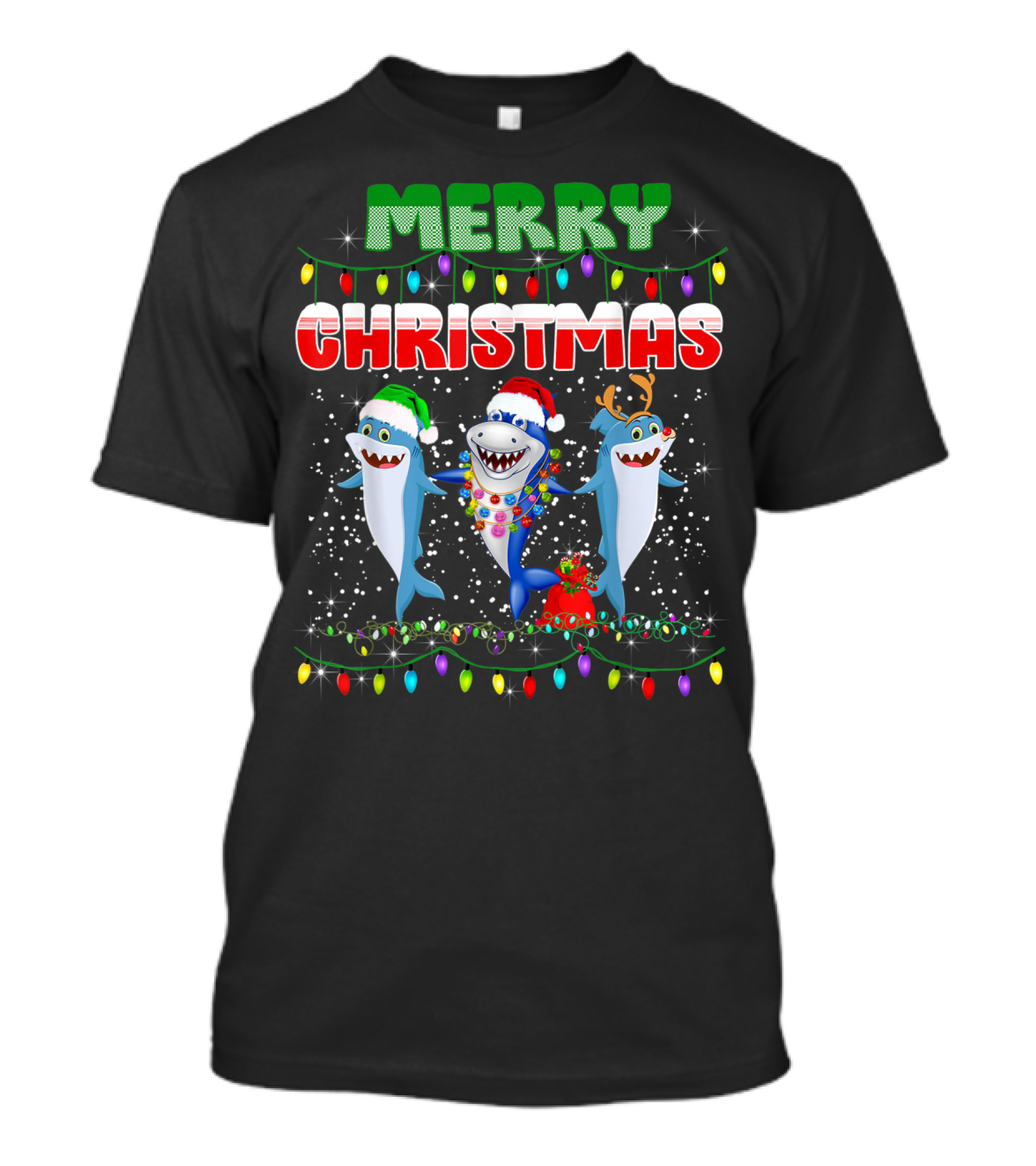 Merry Christmas Sharks Festive Holiday Lights T-Shirt