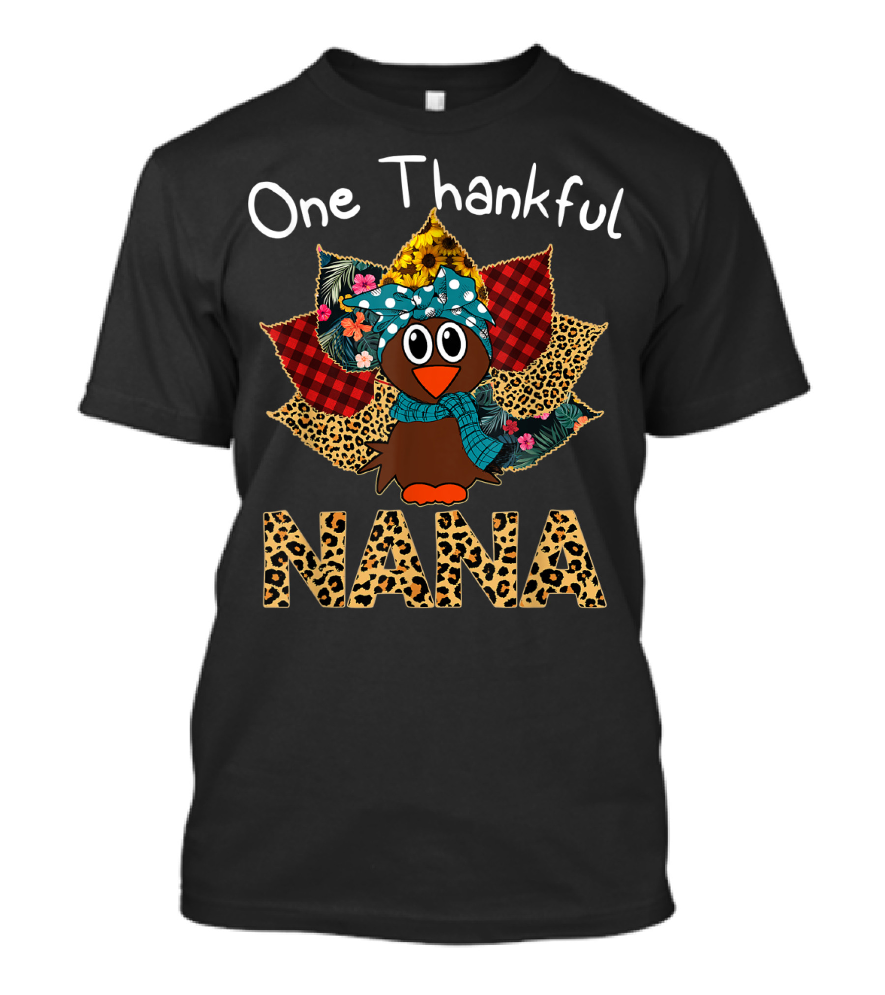 One Thankful Nana Turkey With Patterned Leaves T-Shirt
