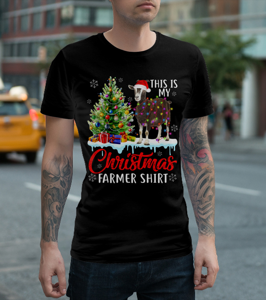 This Is My Christmas Farmer Shirt Goat with Santa Hat and Lights T-Shirt