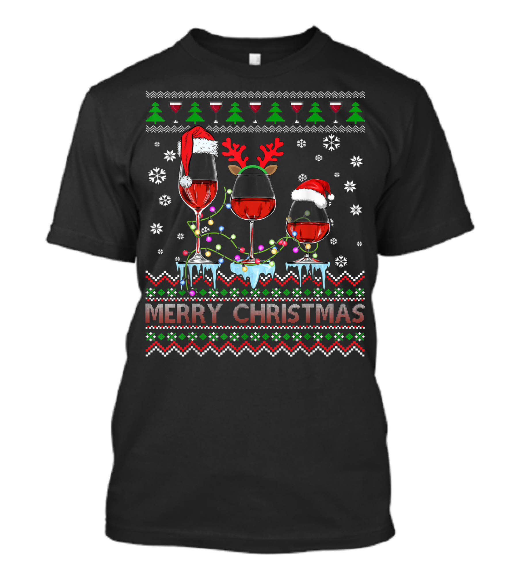 Merry Christmas Three Glasses Of Wine Santa Reindeer Ugly Sweater Lights T-Shirt