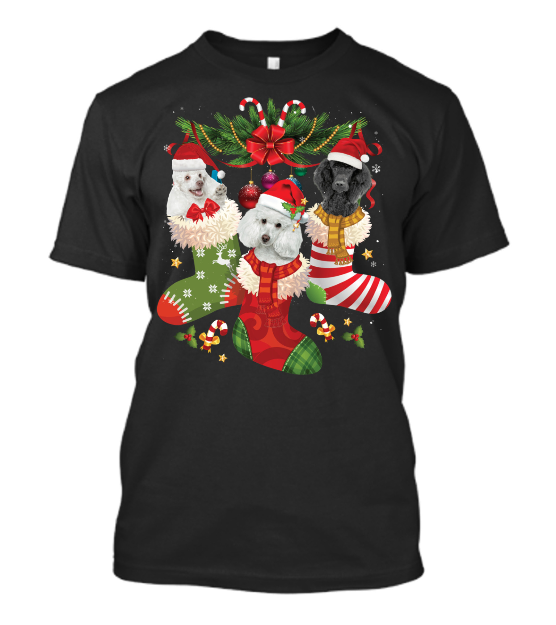 Three Poodles In Christmas Stockings With Santa Hats And Festive Decorations T-Shirt