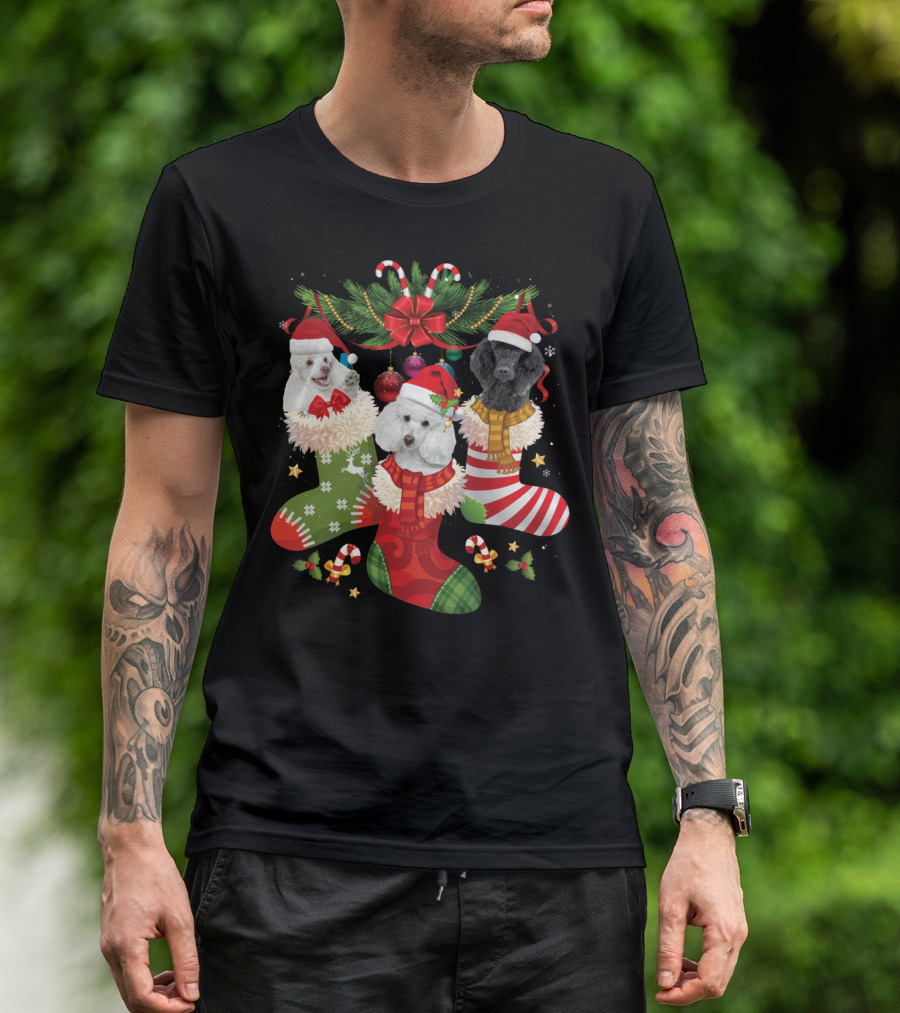 Three Poodles In Christmas Stockings With Santa Hats And Festive Decorations T-Shirt