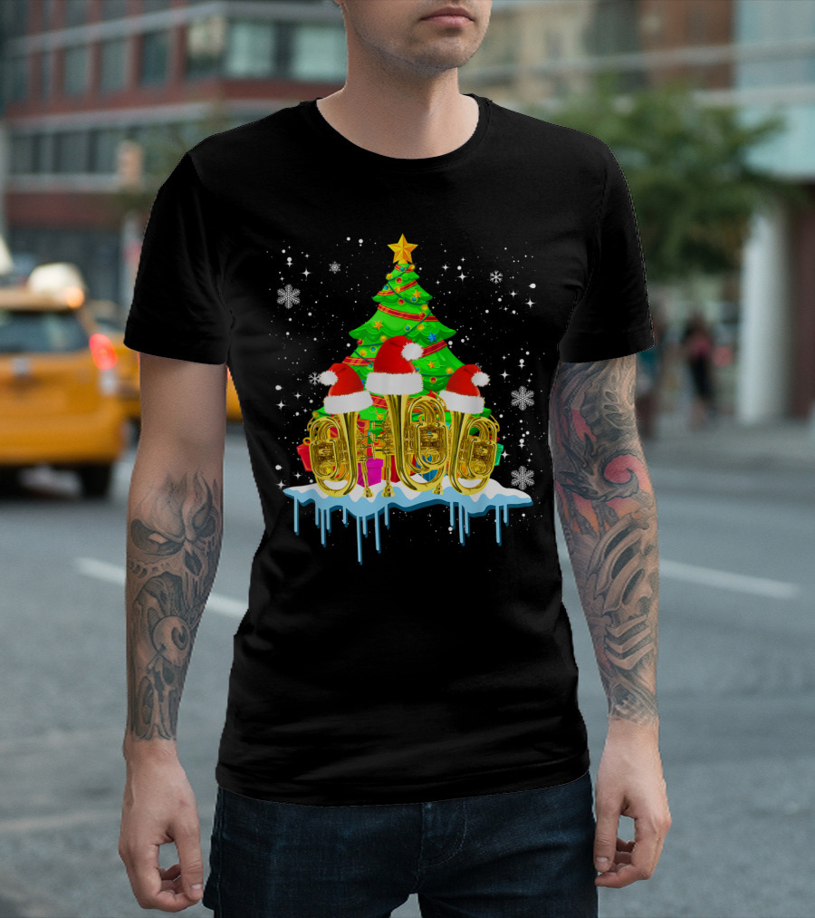 Christmas Tree Tuba Santa Hat Snowflakes Merry Xmas Lights T-Shirt