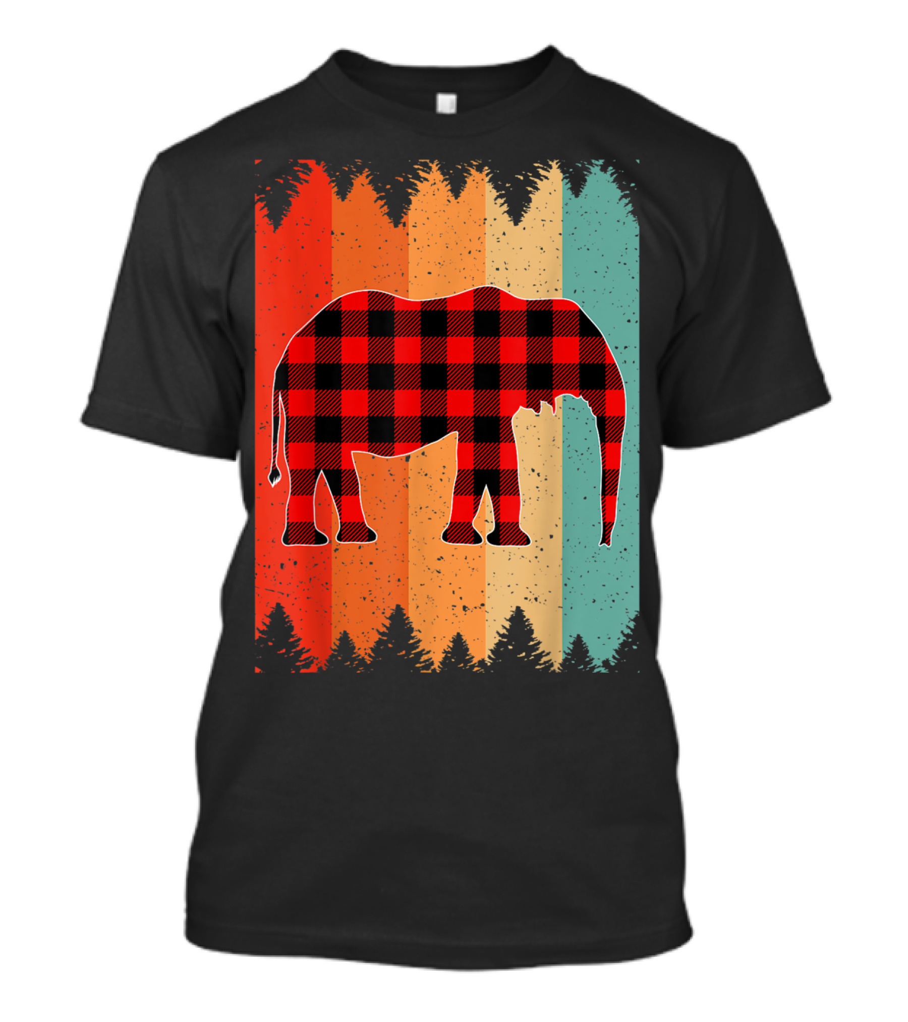 Vintage Buffalo Plaid African Elephant Rainbow Forest Background T-Shirt