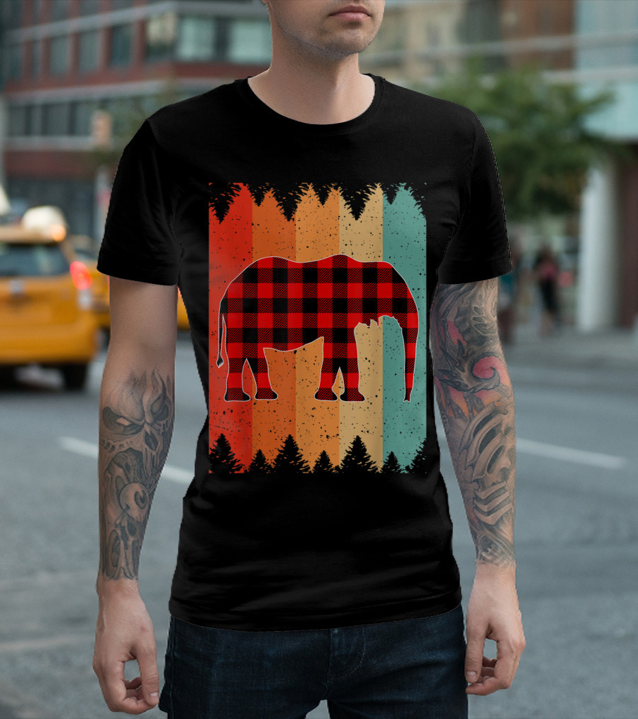 Vintage Buffalo Plaid African Elephant Rainbow Forest Background T-Shirt