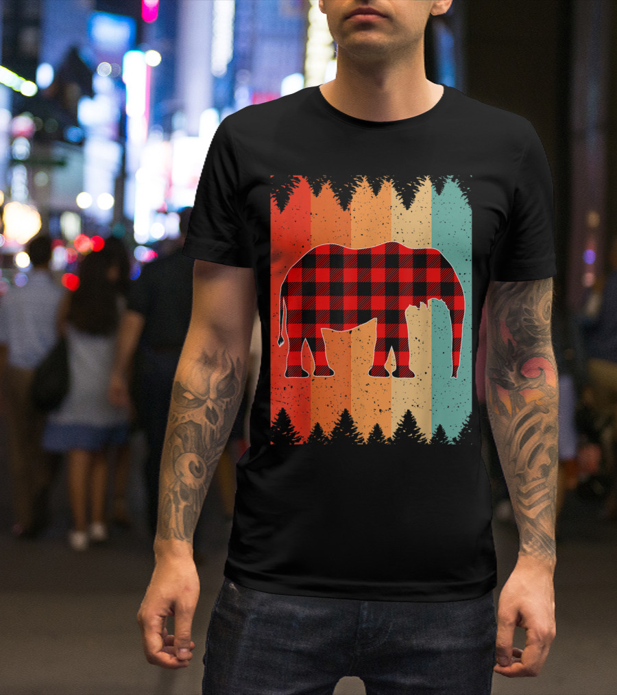 Vintage Buffalo Plaid African Elephant Rainbow Forest Background T-Shirt