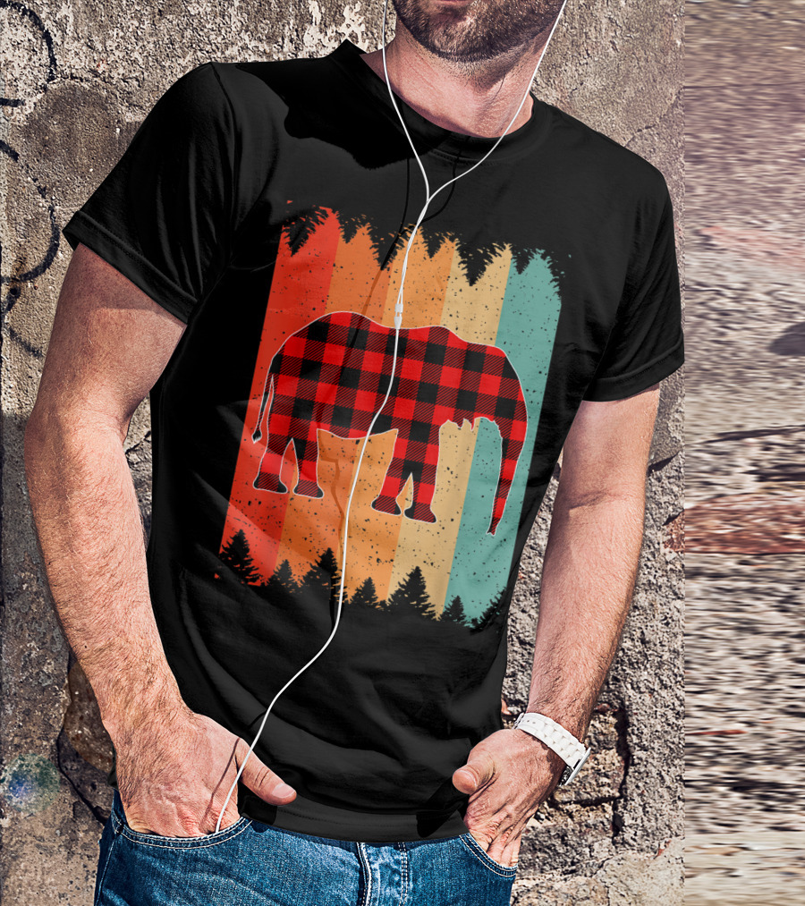 Vintage Buffalo Plaid African Elephant Rainbow Forest Background T-Shirt