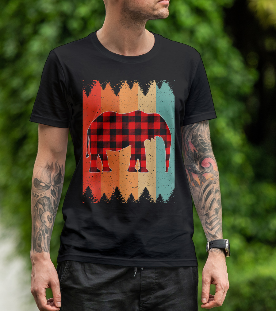 Vintage Buffalo Plaid African Elephant Rainbow Forest Background T-Shirt