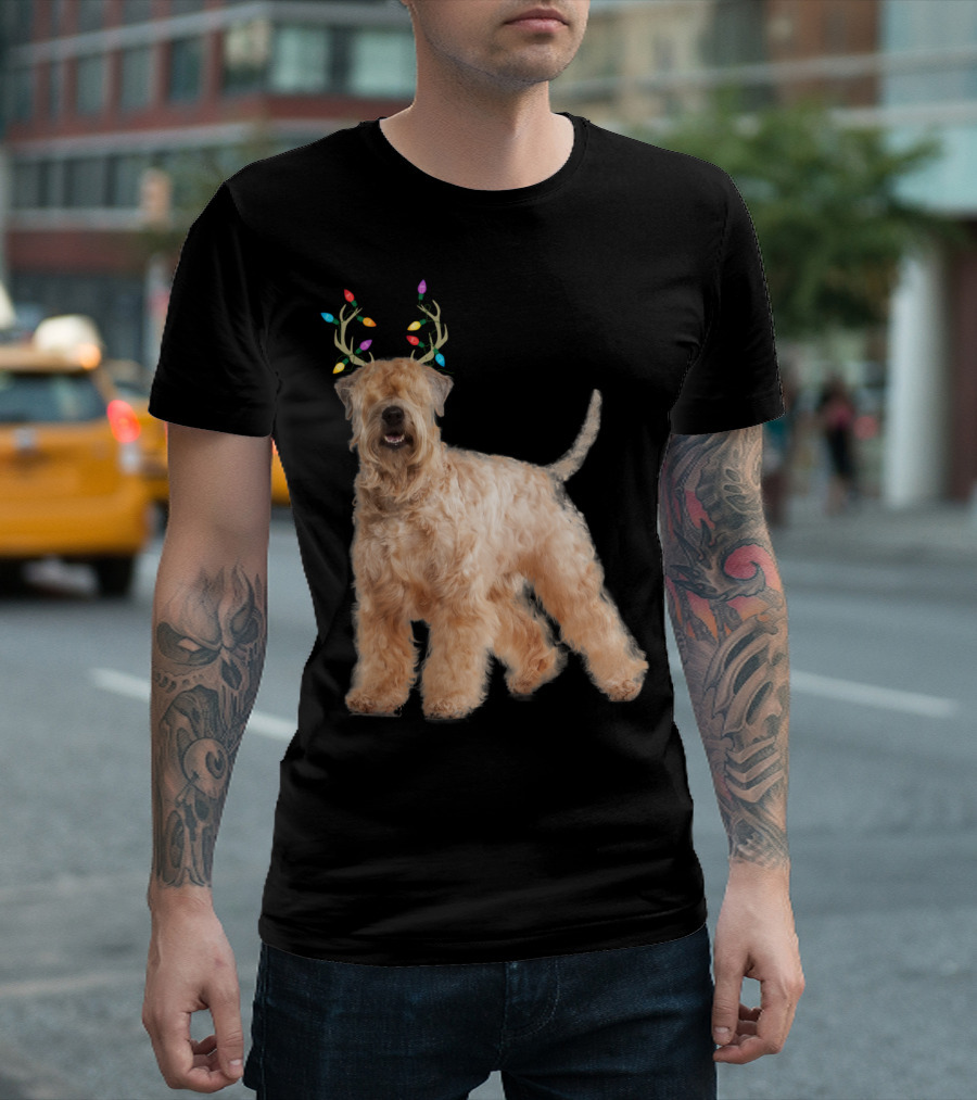 Wheaten Terrier with Christmas Lights Antlers in Festive Reindeer T-Shirt
