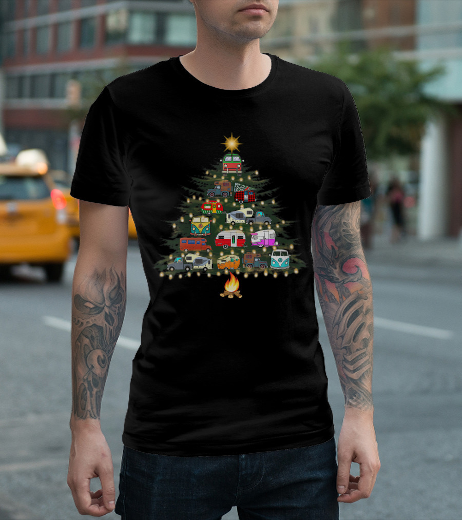 Camper Van Christmas Tree with Campfire and String Lights T-Shirt