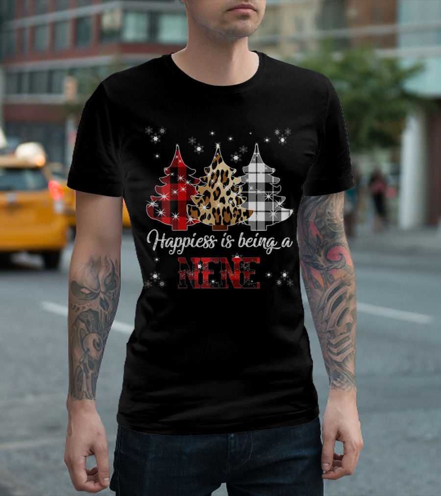 Happiness Is Being A Nene Plaid Leopard Christmas Trees T-Shirt