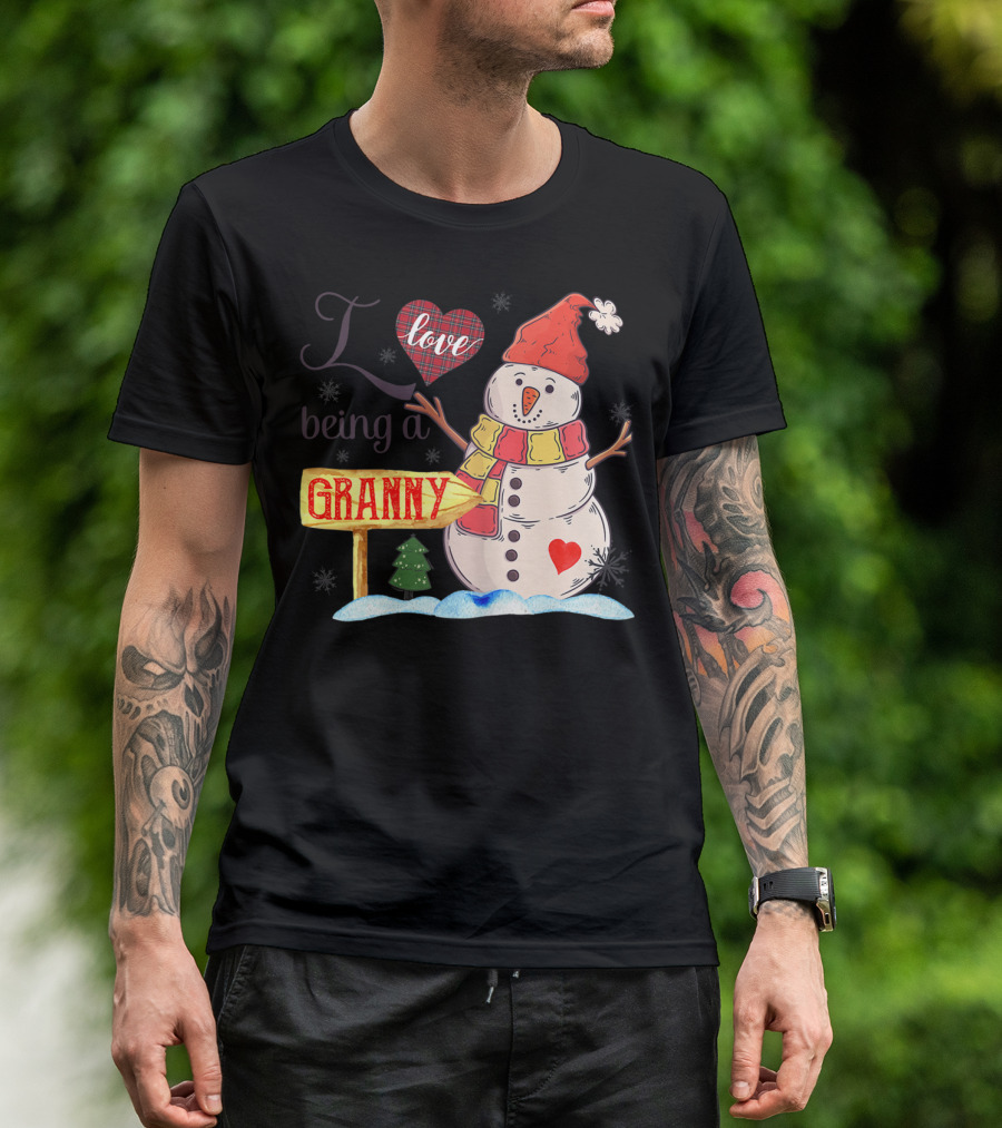 I Love Being A Granny Snowman With Heart And Plaid Accents T-Shirt