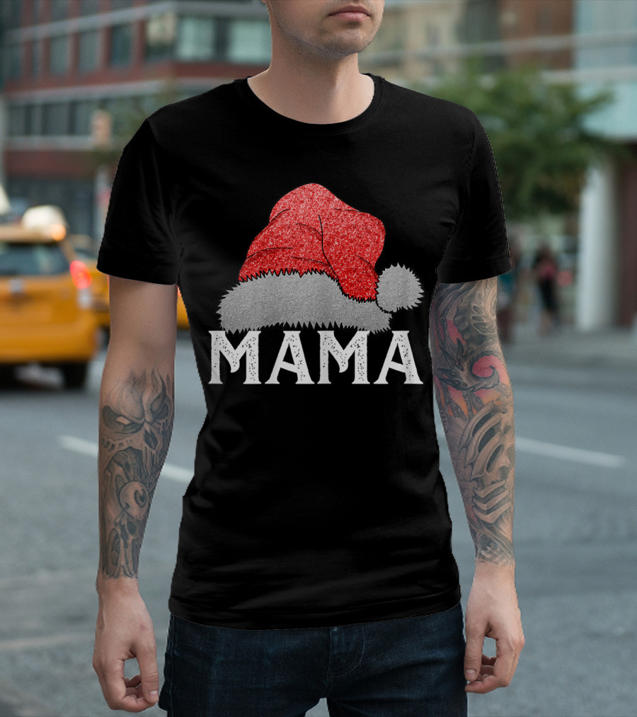 Mama Christmas Glitter Santa Hat T-Shirt