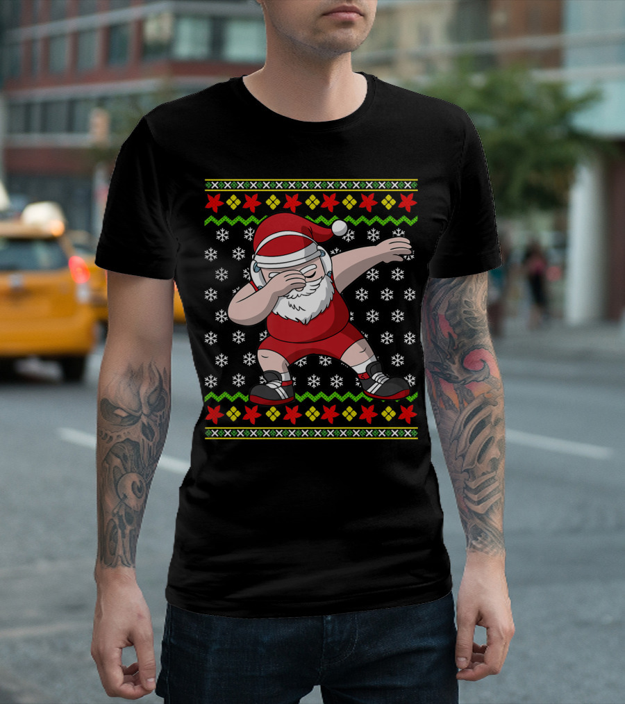 Wrestling Santa Claus Dab Ugly Christmas Sweater Snowflakes T-Shirt