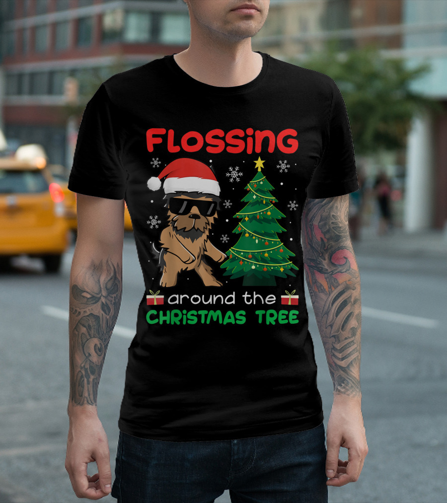 FLOSSING Yorkie Dogs Around the Christmas Tree Xmas Pet T-Shirt