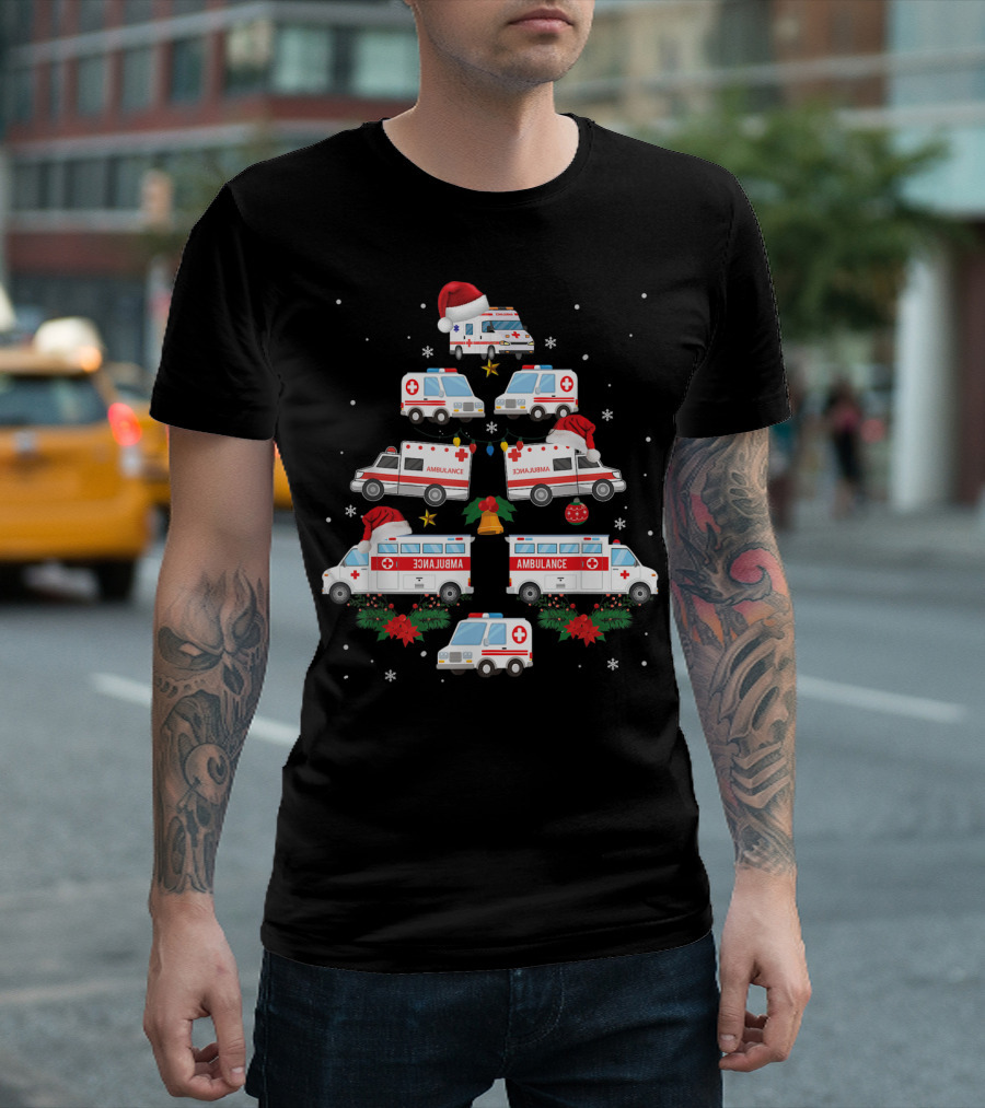 Ambulance Christmas Tree AMR Funny EMS EMT Holiday Santa Hat T-Shirt