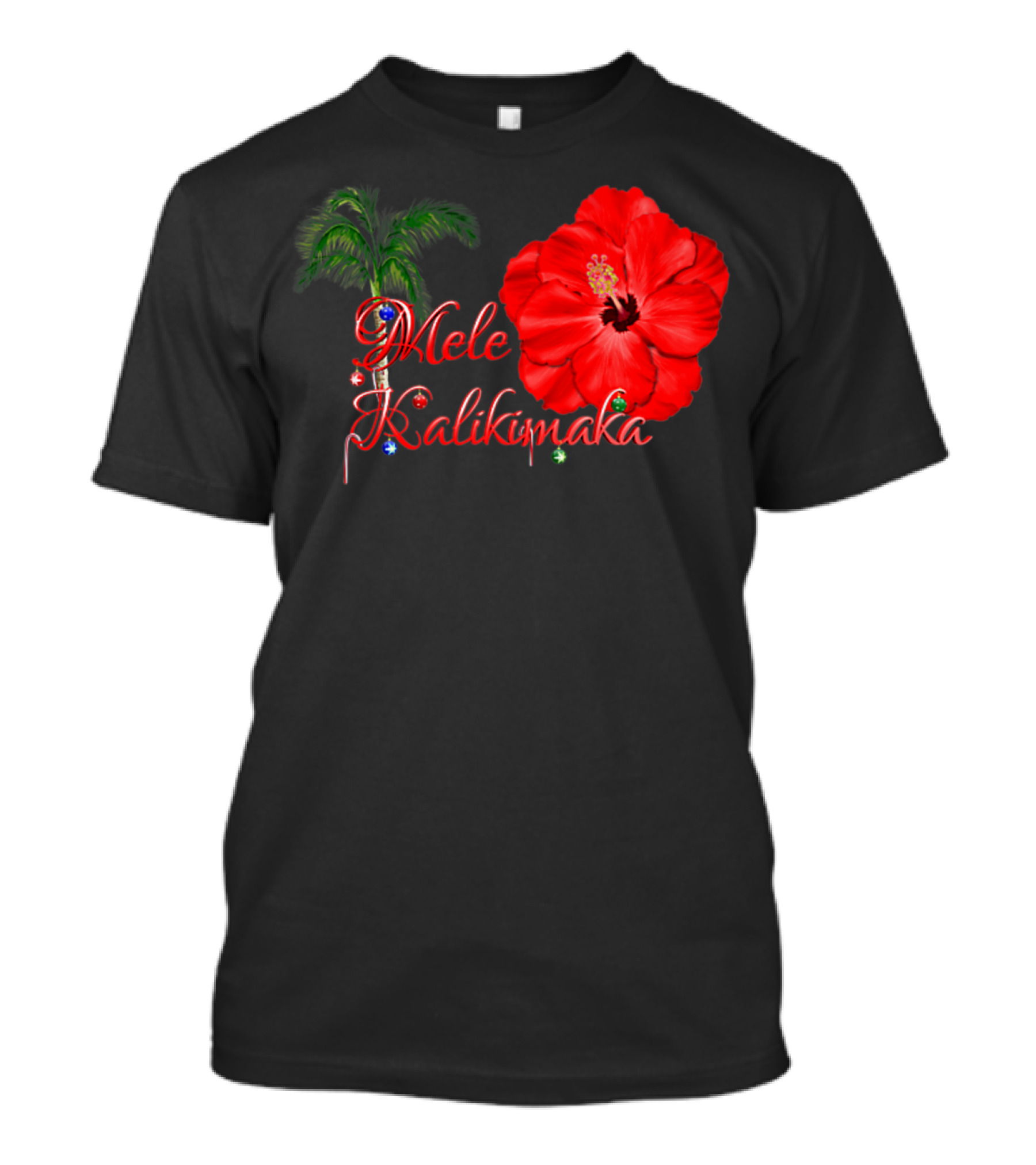Mele Kalikimaka Red Hibiscus And Palm Tree Tropical Christmas T-Shirt