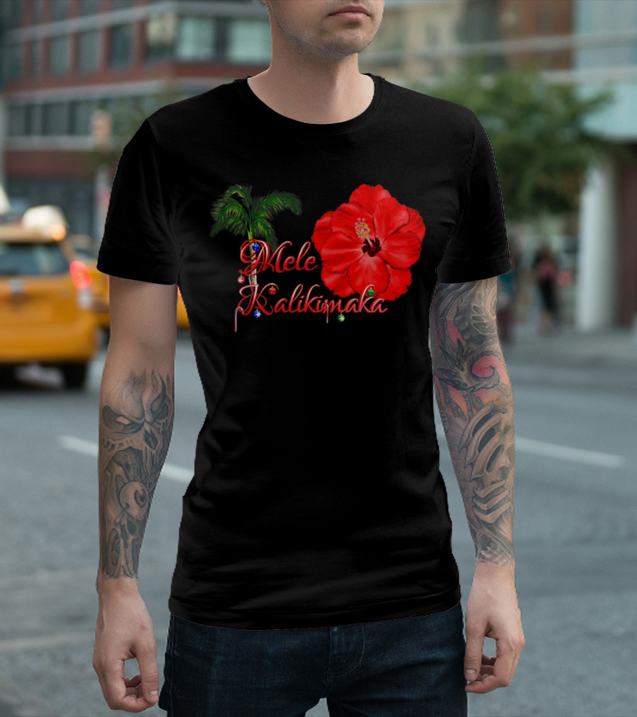 Mele Kalikimaka Red Hibiscus And Palm Tree Tropical Christmas T-Shirt