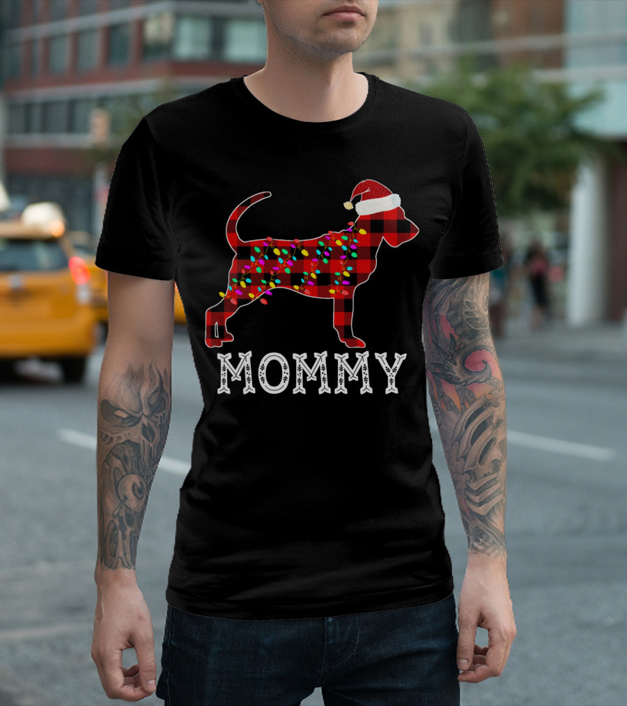 Bloodhound Mommy Plaid Santa Hat Christmas Lights T-Shirt