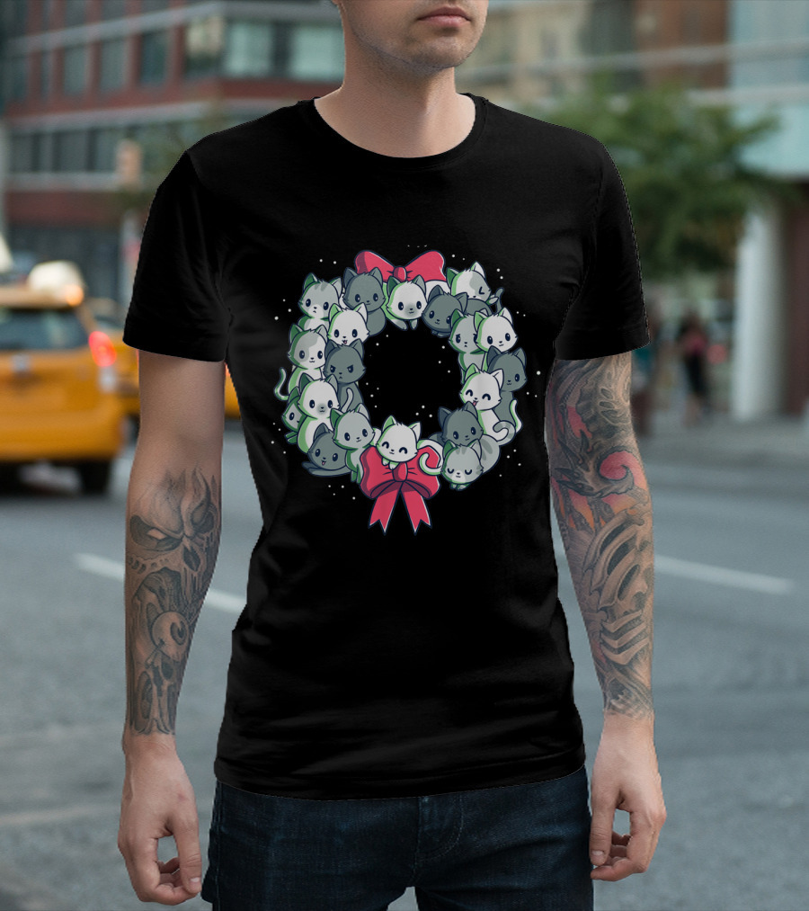 Cat Wreath Christmas Kitten Holiday Winter Festive Bow T-Shirt