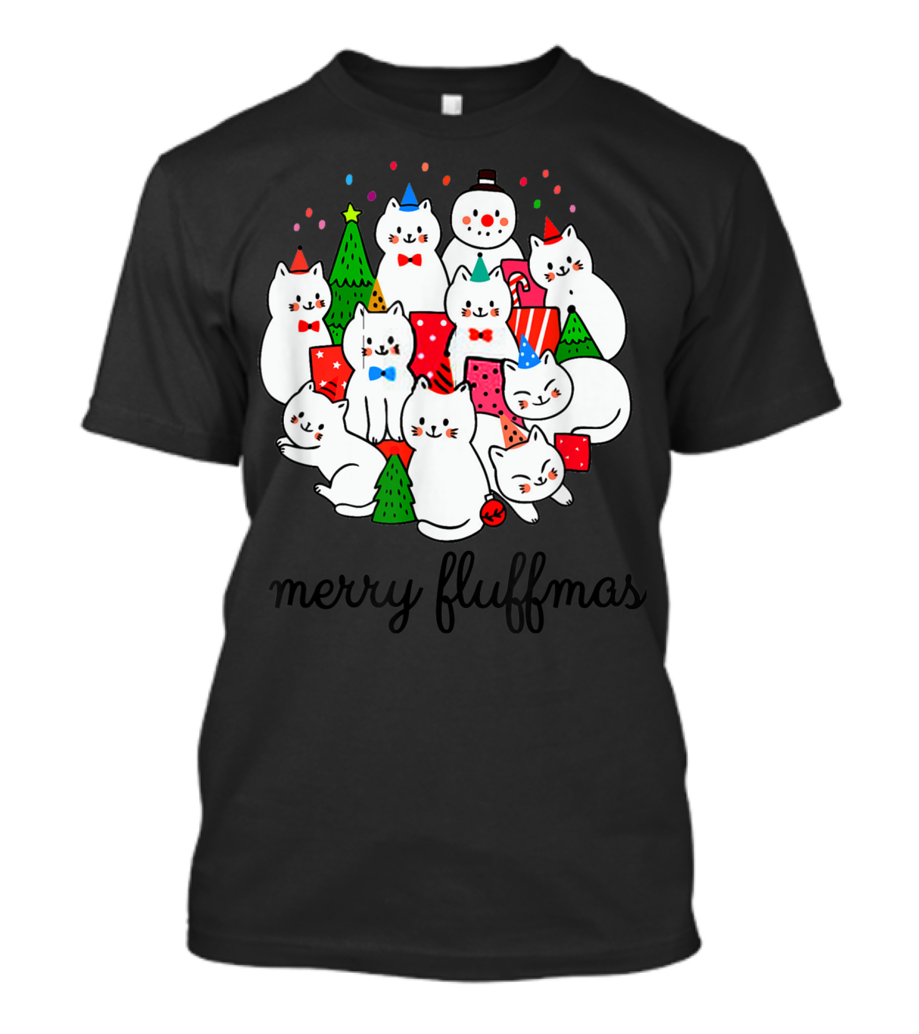 Cats Merry Fluffmas Snowman Christmas Trees Party Hats T-Shirt