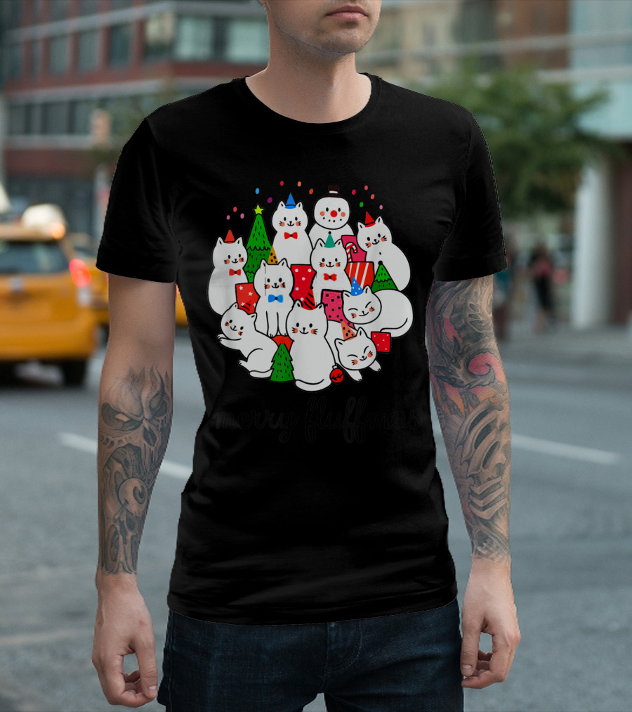 Cats Merry Fluffmas Snowman Christmas Trees Party Hats T-Shirt