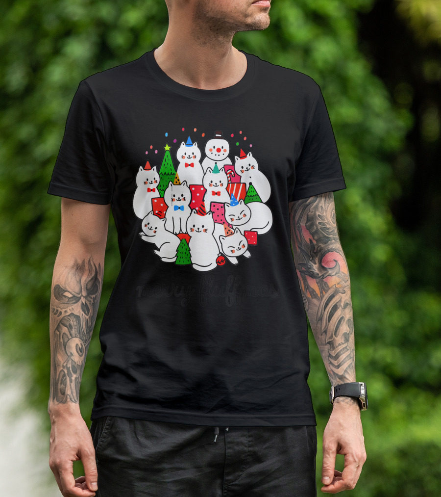 Cats Merry Fluffmas Snowman Christmas Trees Party Hats T-Shirt