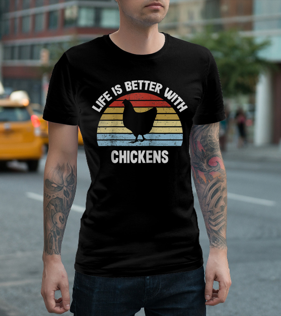 Life Is Better With Chickens Retro Sunset T-Shirt