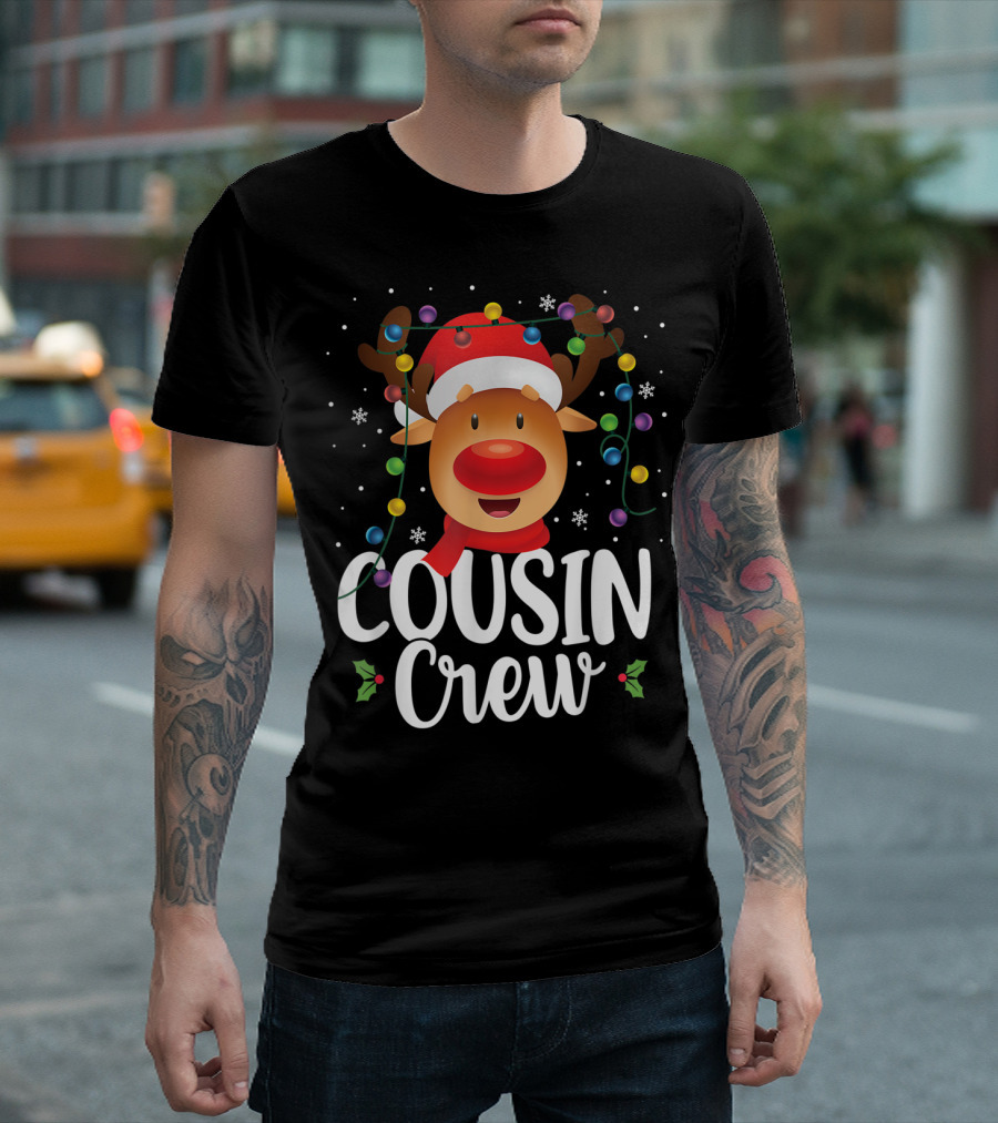 Cousin Crew Christmas Reindeer Santa Hat With Colorful Lights T-Shirt
