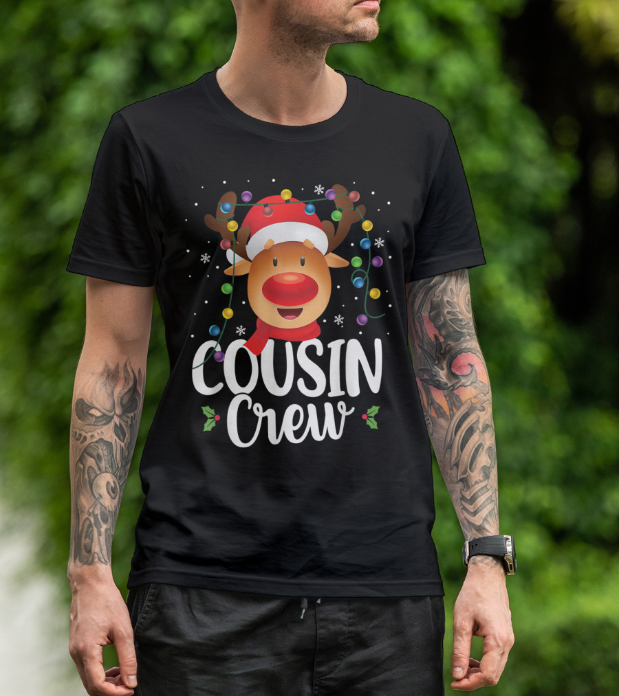 Cousin Crew Christmas Reindeer Santa Hat With Colorful Lights T-Shirt