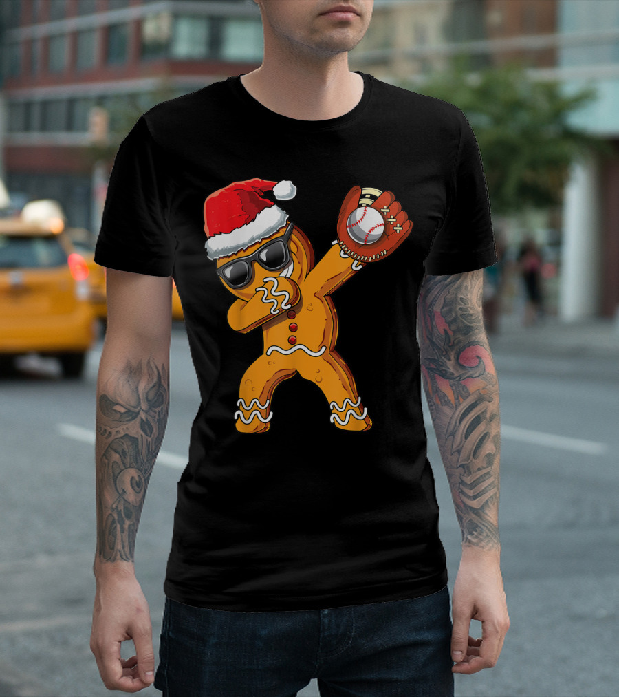 Christmas Dabbing Gingerbread Man With Santa Hat And Baseball Glove T-Shirt