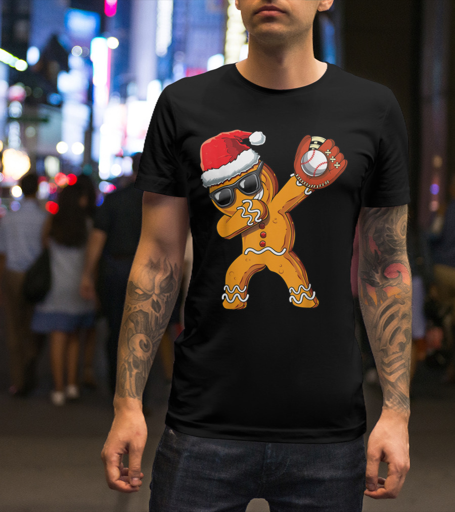 Christmas Dabbing Gingerbread Man With Santa Hat And Baseball Glove T-Shirt