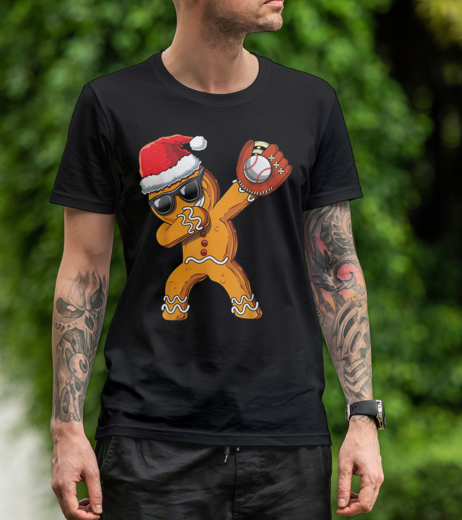 Christmas Dabbing Gingerbread Man With Santa Hat And Baseball Glove T-Shirt
