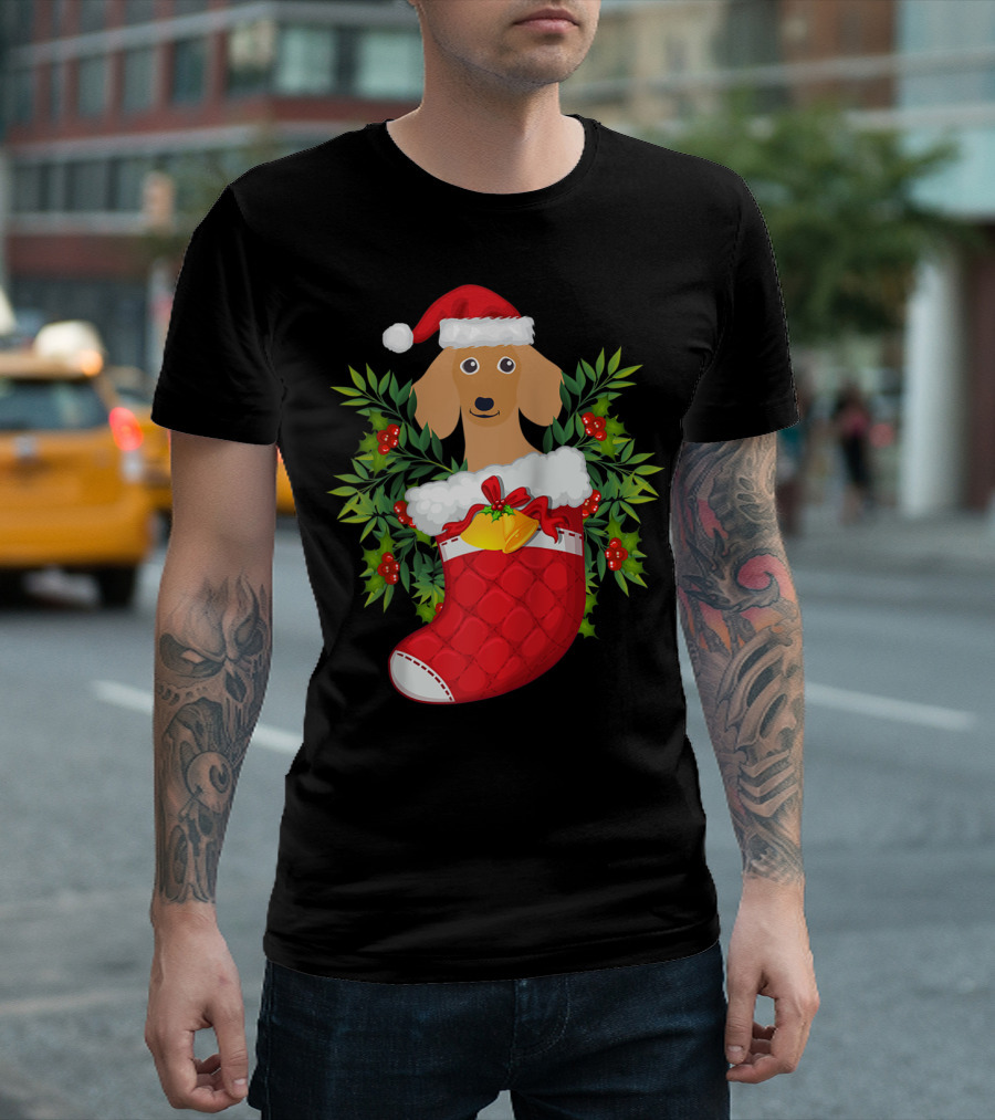Christmas Dachshund Santa Hat Stocking Holly Berries T-Shirt