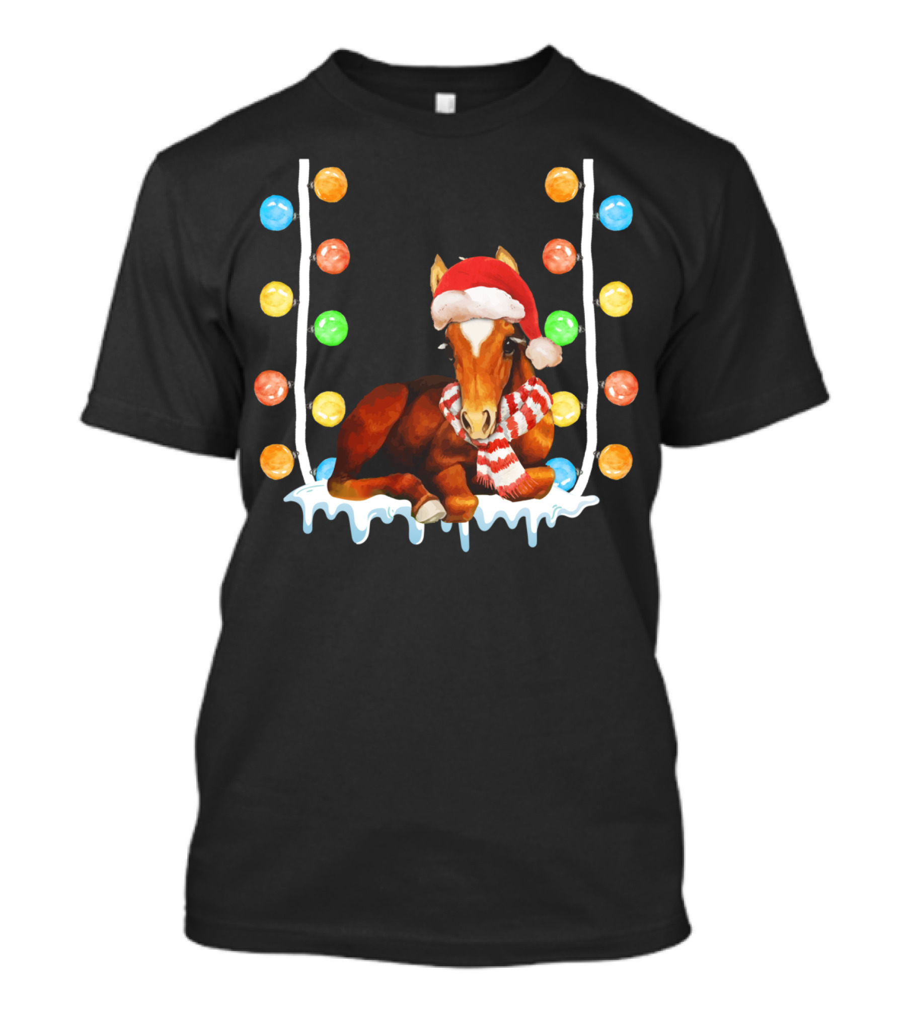 Christmas Funny Santa Horse With Lights And Scarf T-Shirt